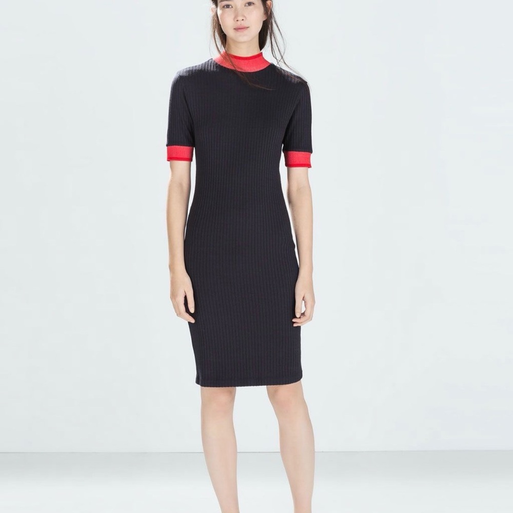 Zara Black Midi Dress with Red Accents